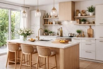 Modern konyha világítással és természetes elemekkel.