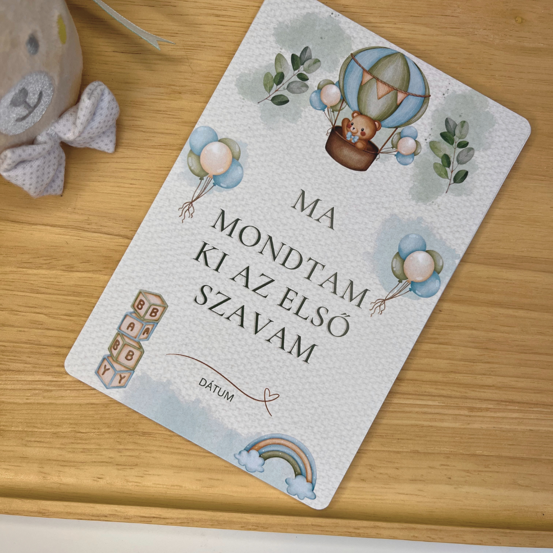 Babafotózás mérföldkő kártya, amely az első szót ünnepli