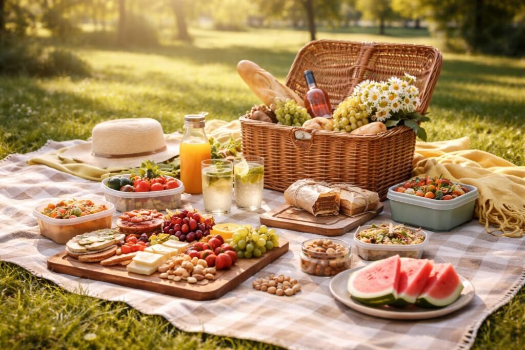Tökéletes piknik díszítése ételekkel és italokkal a természetben
