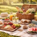Tökéletes piknik díszítése ételekkel és italokkal a természetben