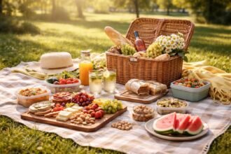 Tökéletes piknik díszítése ételekkel és italokkal a természetben