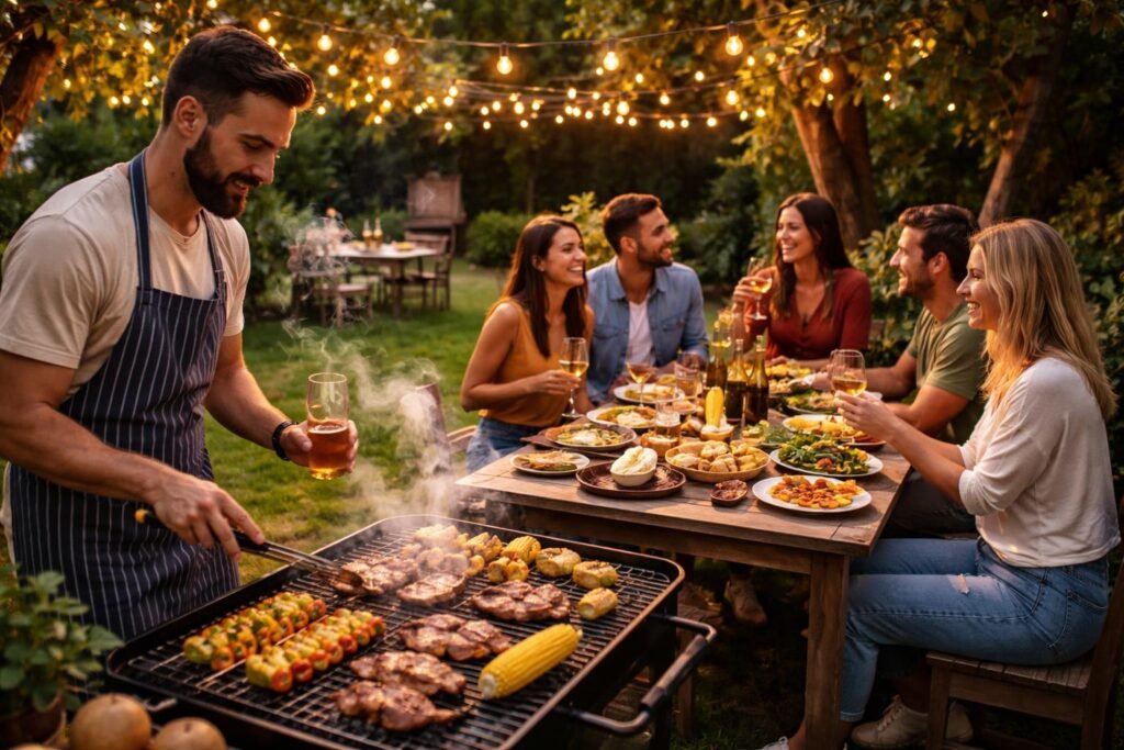 Baráti grillparti a kertben ínycsiklandó ételekkel és hangulatos fényekkel.