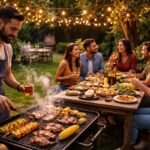 Baráti grillparti a kertben ínycsiklandó ételekkel és hangulatos fényekkel.