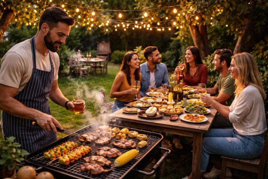 Baráti grillparti a kertben ínycsiklandó ételekkel és hangulatos fényekkel.