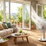 Hűsítő otthon, szellőztetett szoba ventilátorral és növényekkel.
