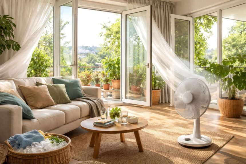 Hűsítő otthon, szellőztetett szoba ventilátorral és növényekkel.