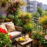 Balkon növények sokszínűsége és kényelmes bútorok a napfényben.