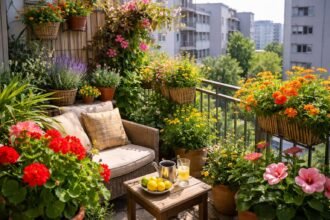 Balkon növények sokszínűsége és kényelmes bútorok a napfényben.