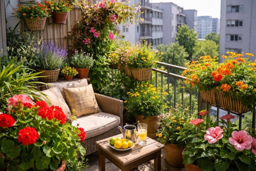Balkon növények sokszínűsége és kényelmes bútorok a napfényben.