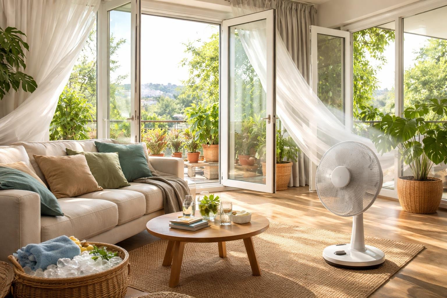 Hűsítő otthon, szellőztetett szoba ventilátorral és növényekkel.